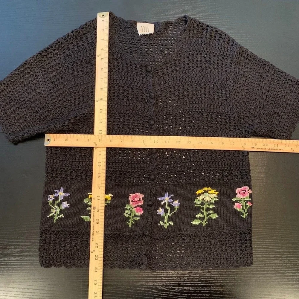 Teddi Vintage Black Crochet Knit Floral Embroidered Short Sleeve Cardigan Top